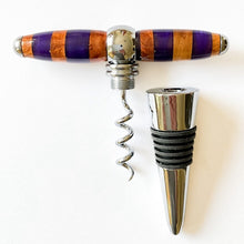 Load image into Gallery viewer, Bottle Stopper &amp; Corkscrew - Purple &amp; Wood Stripes