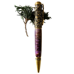 Pen - Botanical - Antique Brass and Purple Pine Cones